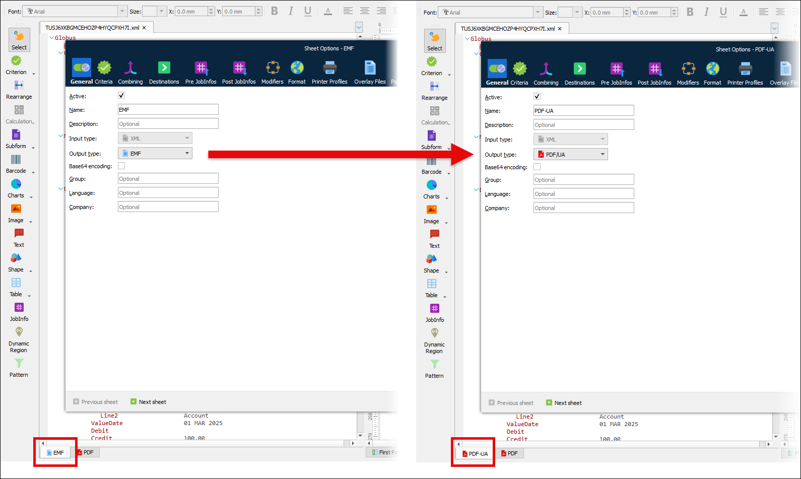 Side-by-side screenshots of the Sheet Options window for a form showing a change of sheet Output type from EMF to PDF/UA.